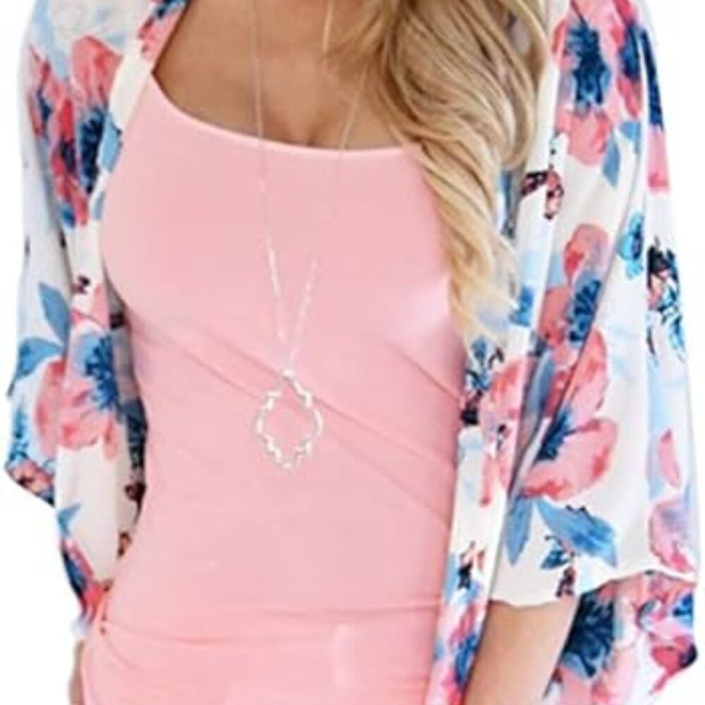 Women's Floral Print Kimono Style Cardigan Loose Cover Up Casual Blouse